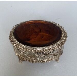 Vintage Florenza Ornate Gold Tone Amber Brown Glass Hinged Oval Trinket Box